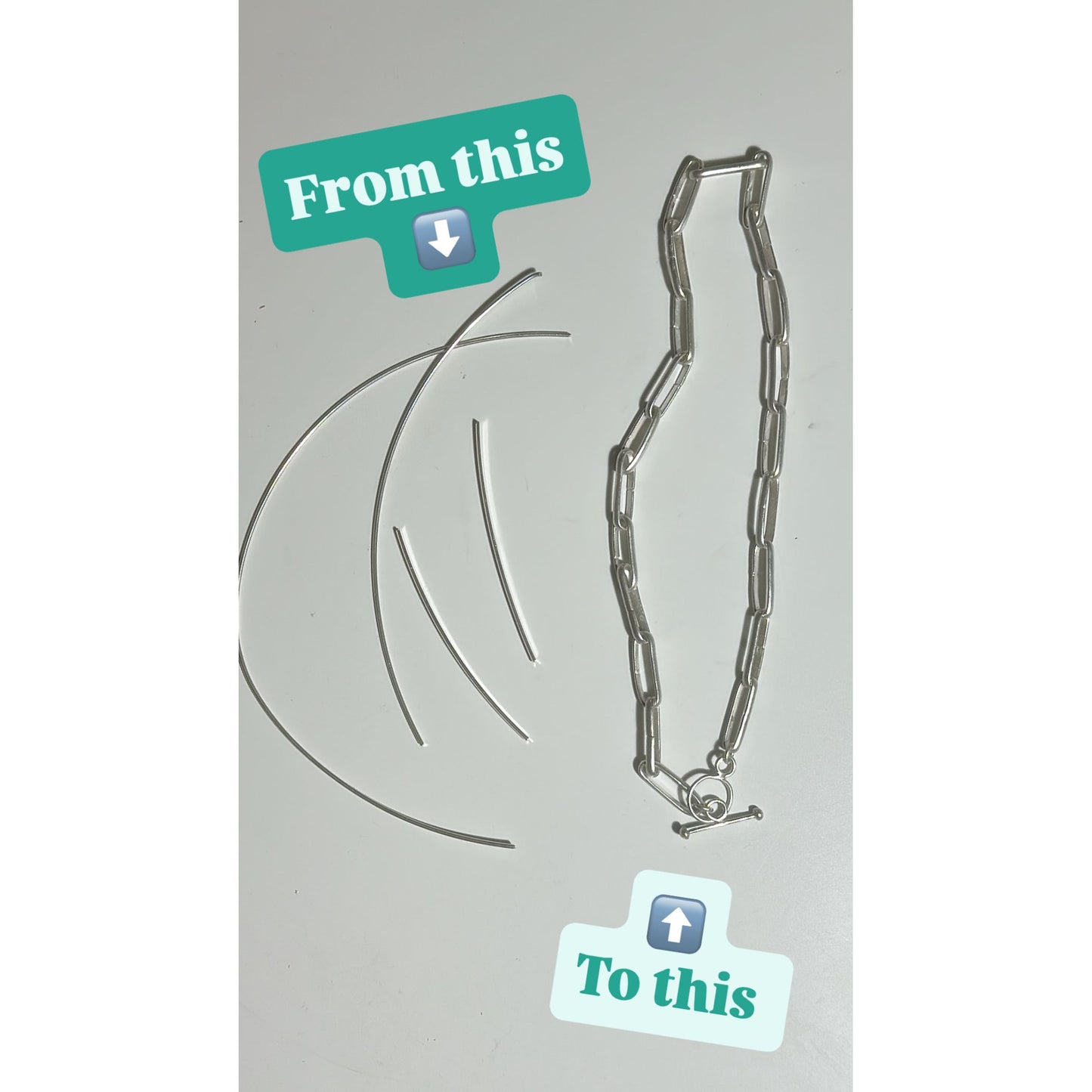 Metallic necklace on a gray background with text 'From this' and 'To this'.