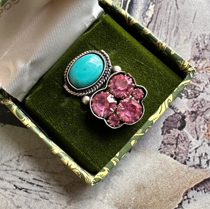 Wildflowers | Vintage Pink Rhinestone & Turquoise Statement Ring