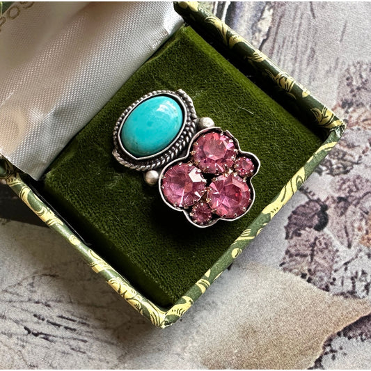 Wildflowers | Vintage Pink Rhinestone & Turquoise Statement Ring
