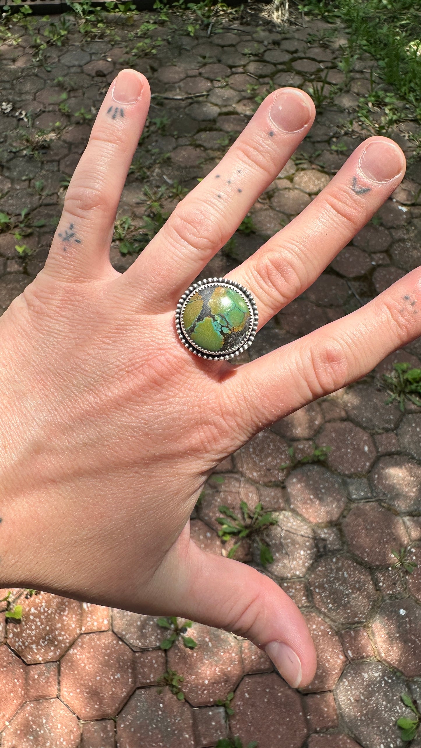 FIONA RING // Sterling Silver Round Green Turquoise Ring (Size 9.75)