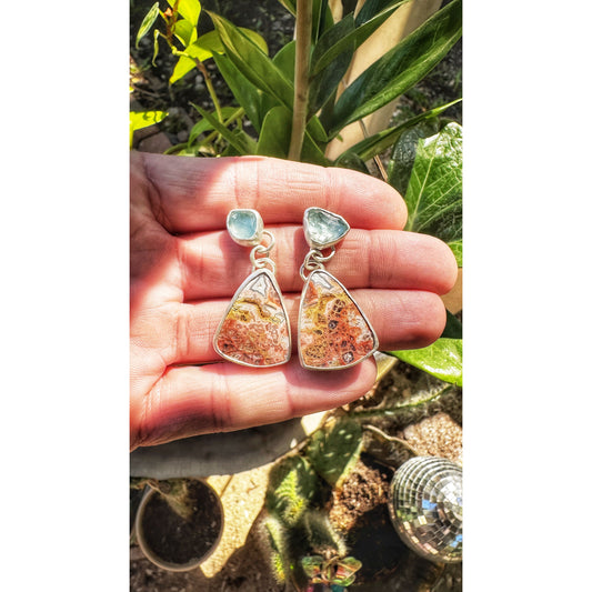 Scarlet Begonia | Aquamarine & Crazy Lace Agate Earrings