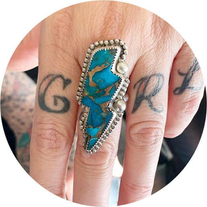 handmade metal smithing lightening bolt turquoise ring