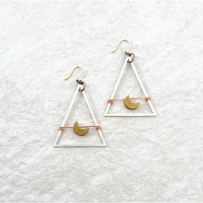 Silver Triangle earrings with moon charms
