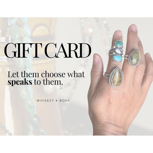 Whiskey & Bone digital gift card featuring handcrafted gemstone rings.